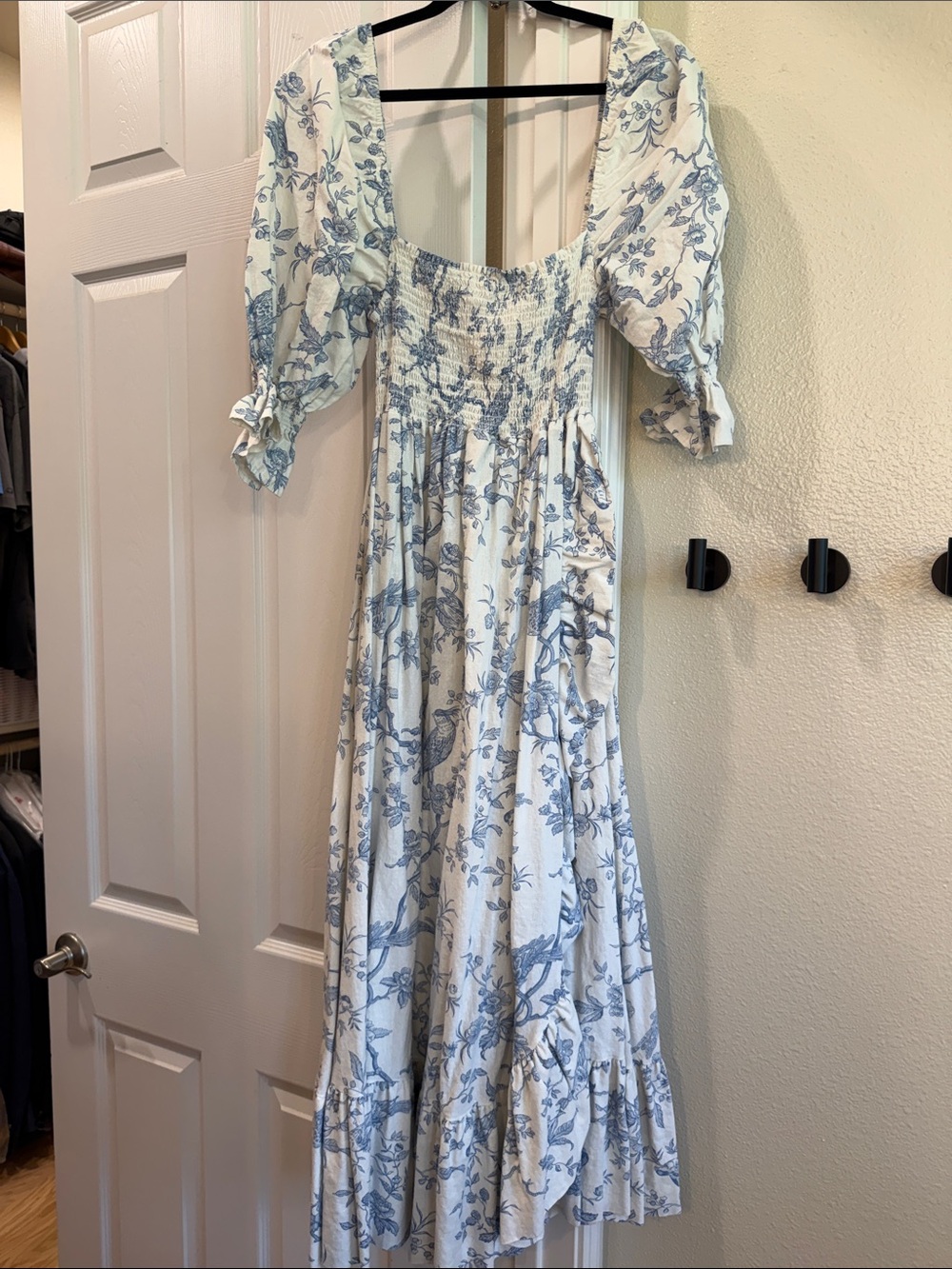 White Maxi Dress with Blue Floral Print and Smocked Bodice